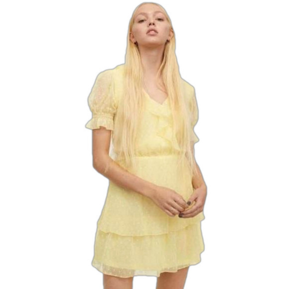 H&M YELLOW SWISSDOT LAYERED PUFFED-SLEEVE RUFFLED MINI DRESS size large EUC
